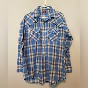 Chute #1 Western Blue Plaid Pearl Snap Long Sleeve Shirt Men’s Large